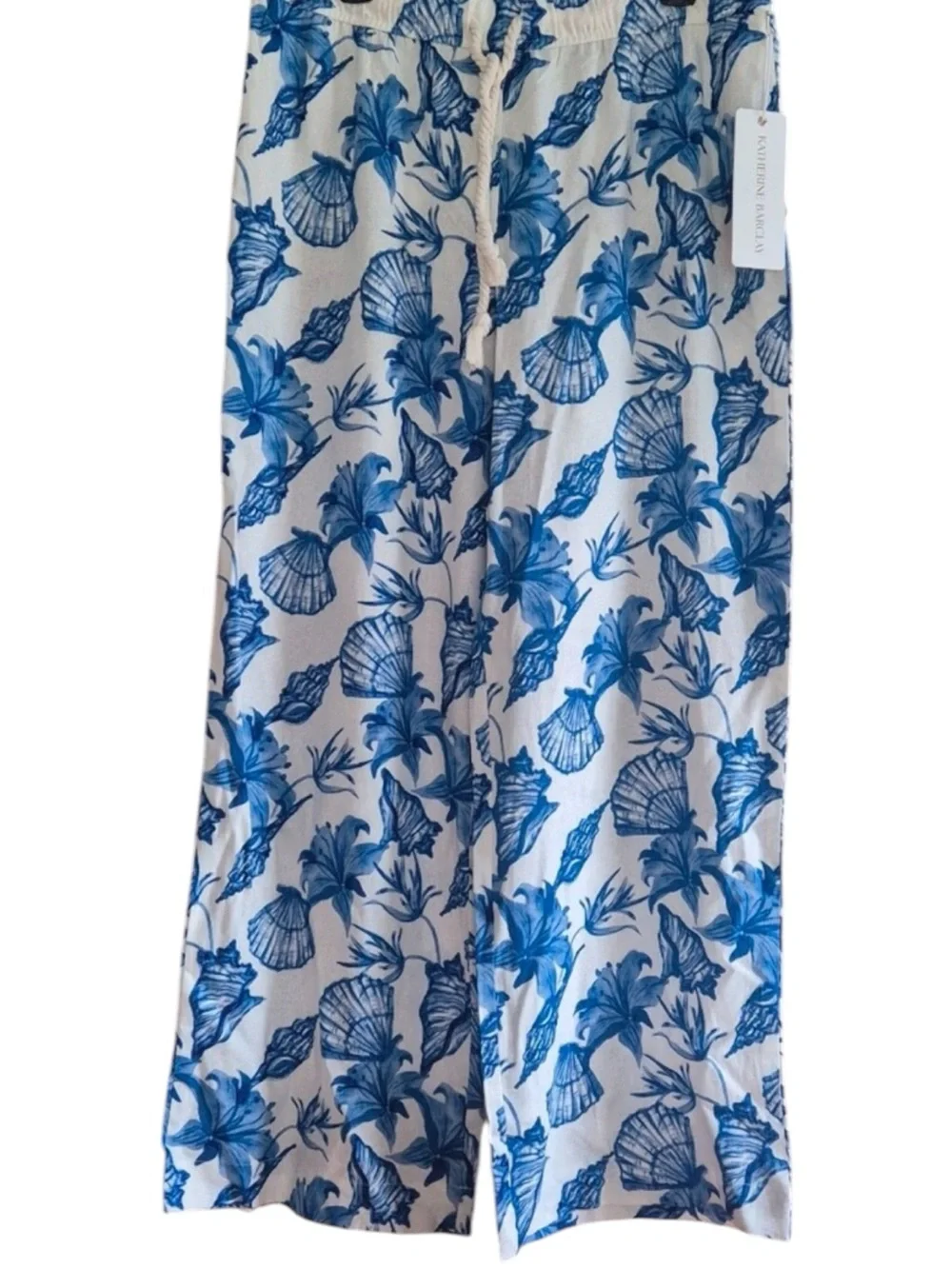 KATHERINE BARCLAY Blue Shell-Print Linen Blend Relaxed Fit Pants—Multi Sizes NWT